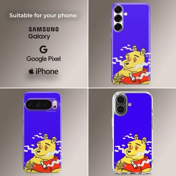 A vibrant cartoon character smoking a rolled cigarette against a bright blue background on a phone case — Collage
