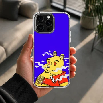 A vibrant cartoon character smoking a rolled cigarette against a bright blue background on a phone case — Lifestyle