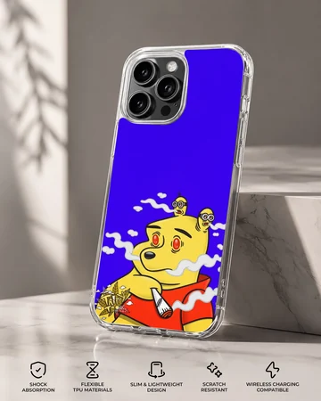 A vibrant cartoon character smoking a rolled cigarette against a bright blue background on a phone case — Specs