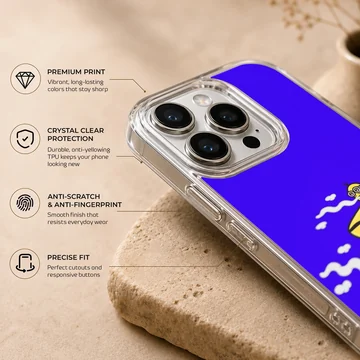 A vibrant cartoon character smoking a rolled cigarette against a bright blue background on a phone case — Info