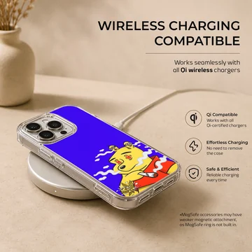 A vibrant cartoon character smoking a rolled cigarette against a bright blue background on a phone case — Charging