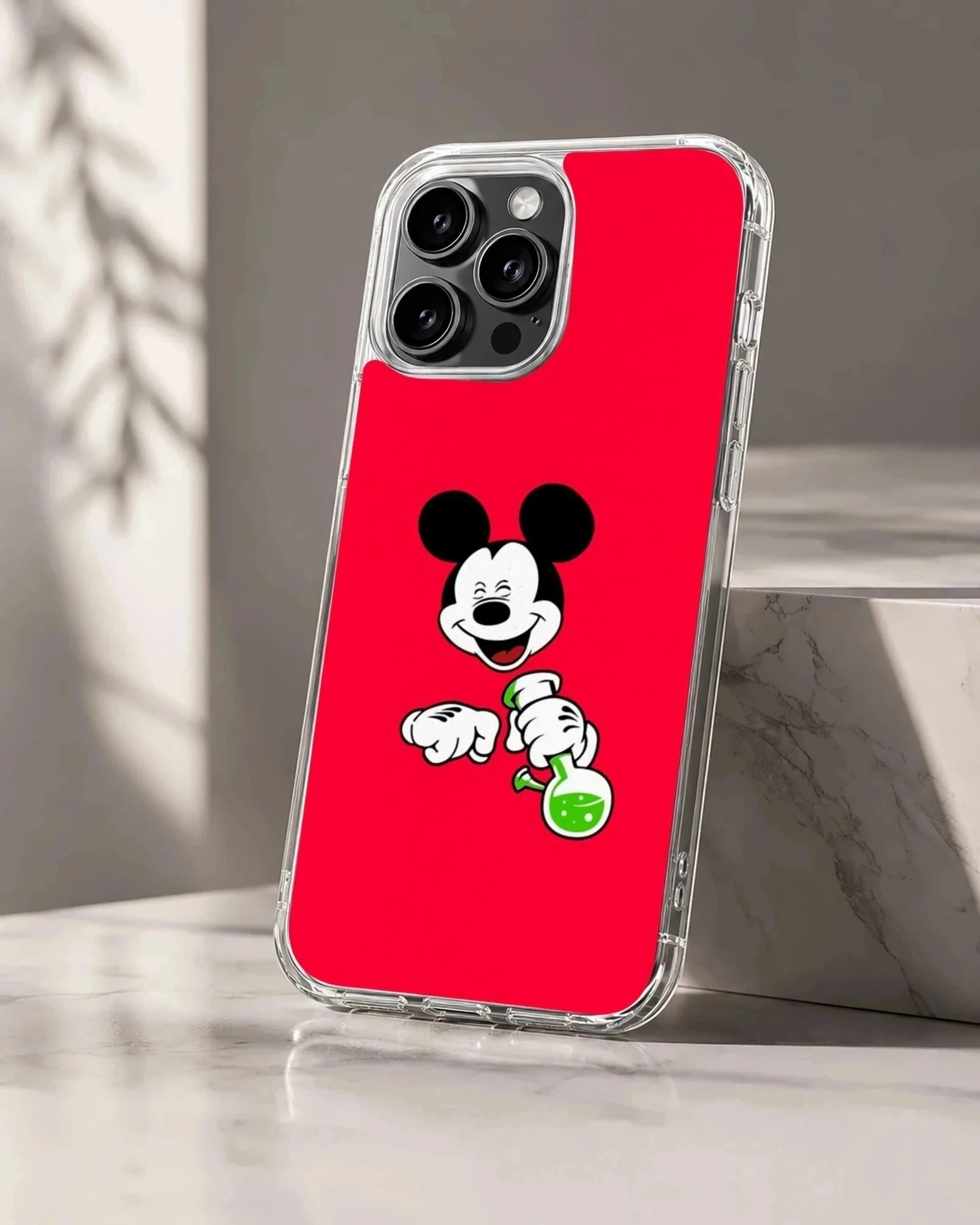 Cartoon laboratory mouse holding a bubbling green flask against a bold red background phone case