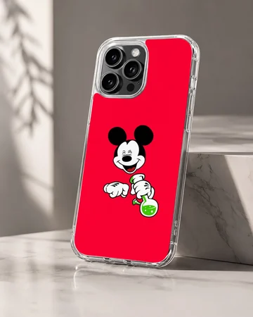 Cartoon laboratory mouse holding a bubbling green flask against a bold red background phone case — Hero