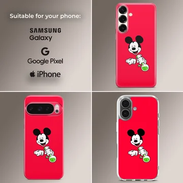 Cartoon laboratory mouse holding a bubbling green flask against a bold red background phone case — Collage