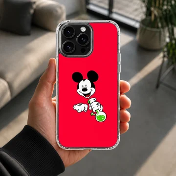 Cartoon laboratory mouse holding a bubbling green flask against a bold red background phone case — Lifestyle