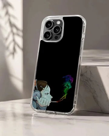 Cartoon character listening to headphones with colorful smoke on a black phone case