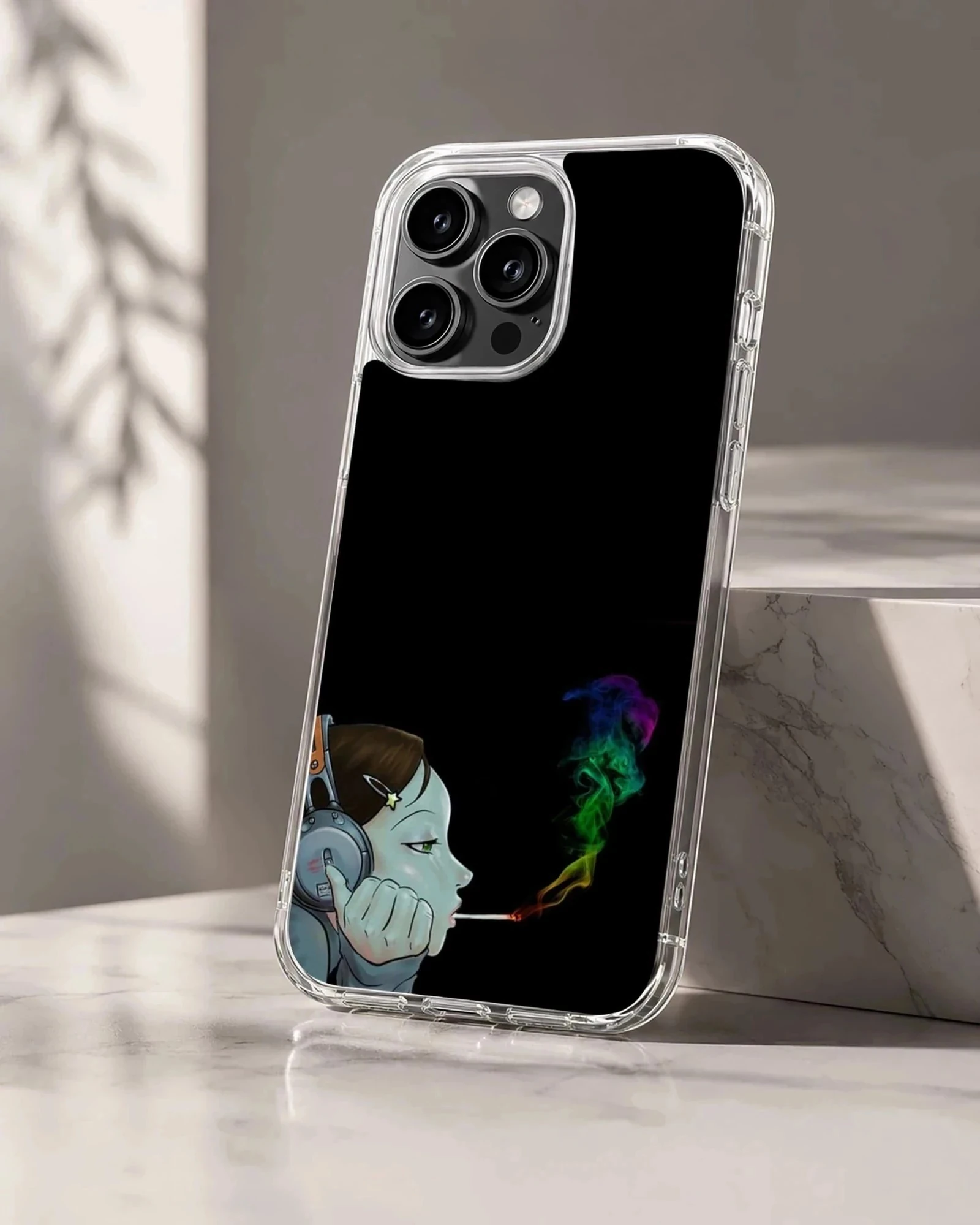 Cartoon character listening to headphones with colorful smoke on a black phone case