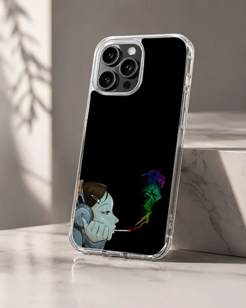 Cartoon character listening to headphones with colorful smoke on a black phone case — Hero