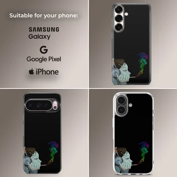 Cartoon character listening to headphones with colorful smoke on a black phone case — Collage
