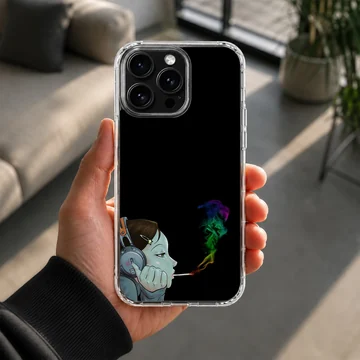 Cartoon character listening to headphones with colorful smoke on a black phone case — Lifestyle