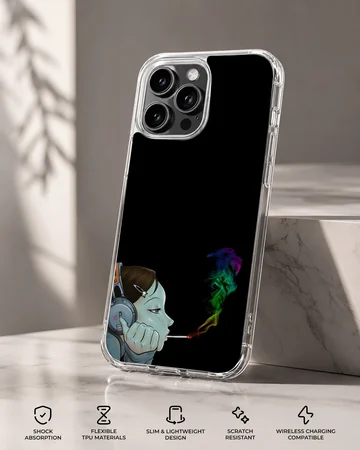 Cartoon character listening to headphones with colorful smoke on a black phone case — Specs