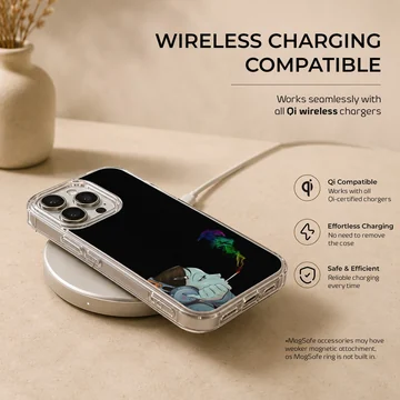 Cartoon character listening to headphones with colorful smoke on a black phone case — Charging