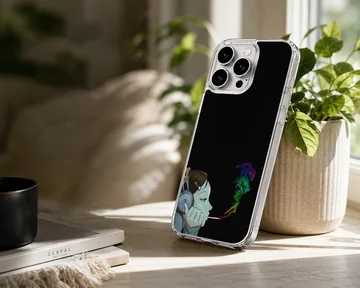 Cartoon character listening to headphones with colorful smoke on a black phone case — Lifestyle