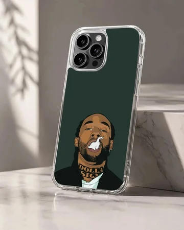 Digital cartoon illustration of a bearded artist exhaling smoke against a dark green background on a phone case