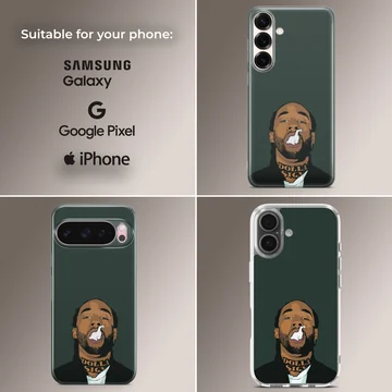 Digital cartoon illustration of a bearded artist exhaling smoke against a dark green background on a phone case — Collage