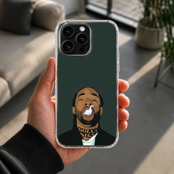 Digital cartoon illustration of a bearded artist exhaling smoke against a dark green background on a phone case — Lifestyle