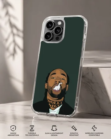 Digital cartoon illustration of a bearded artist exhaling smoke against a dark green background on a phone case — Specs