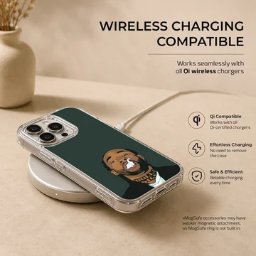 Digital cartoon illustration of a bearded artist exhaling smoke against a dark green background on a phone case — Charging