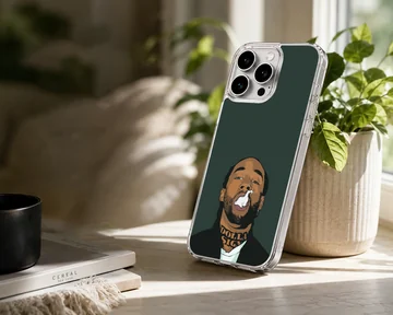Digital cartoon illustration of a bearded artist exhaling smoke against a dark green background on a phone case — Lifestyle