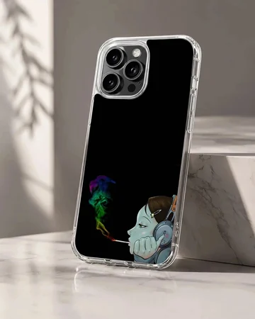 Digital cartoon illustration of a stylized character smoking with colorful rainbow smoke on a phone case