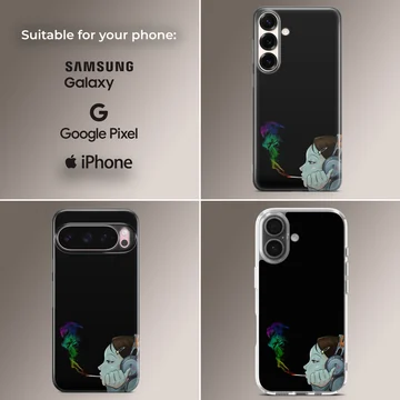 Digital cartoon illustration of a stylized character smoking with colorful rainbow smoke on a phone case — Collage