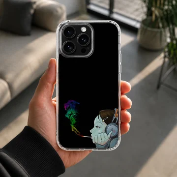 Digital cartoon illustration of a stylized character smoking with colorful rainbow smoke on a phone case — Lifestyle