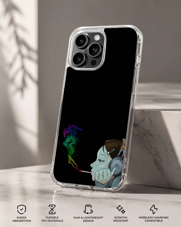 Digital cartoon illustration of a stylized character smoking with colorful rainbow smoke on a phone case — Specs