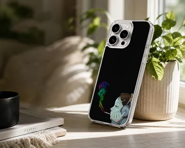 Digital cartoon illustration of a stylized character smoking with colorful rainbow smoke on a phone case — Lifestyle
