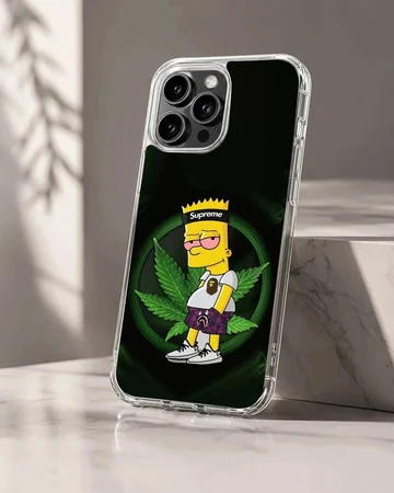Cartoon weed character graphic art with green leaf background on a matte phone case
