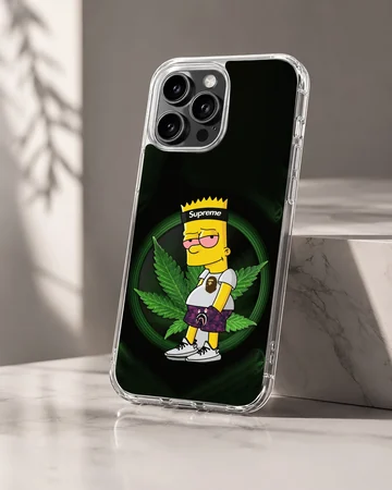 Cartoon weed character graphic art with green leaf background on a matte phone case — Hero
