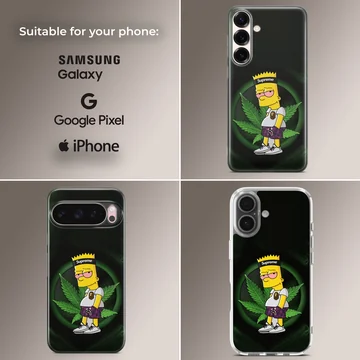 Cartoon weed character graphic art with green leaf background on a matte phone case — Collage
