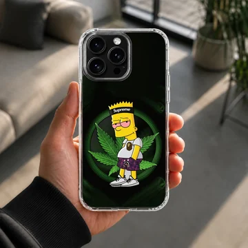 Cartoon weed character graphic art with green leaf background on a matte phone case — Lifestyle