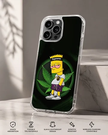 Cartoon weed character graphic art with green leaf background on a matte phone case — Specs