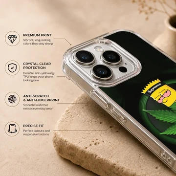 Cartoon weed character graphic art with green leaf background on a matte phone case — Info