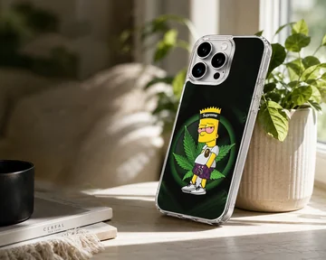 Cartoon weed character graphic art with green leaf background on a matte phone case — Lifestyle