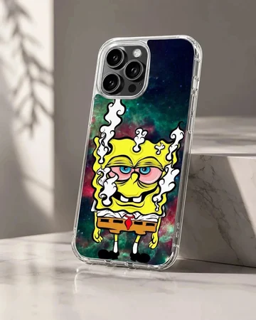 Cartoon weed space sponge phone case with vibrant cosmic background and smoke details