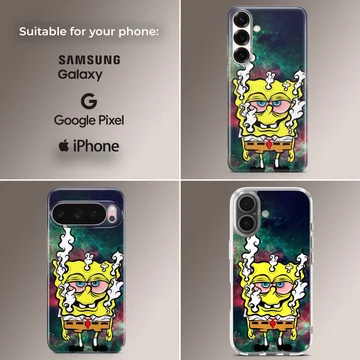 Cartoon weed space sponge phone case with vibrant cosmic background and smoke details — Collage