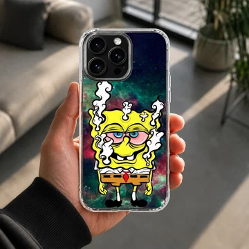 Cartoon weed space sponge phone case with vibrant cosmic background and smoke details — Lifestyle