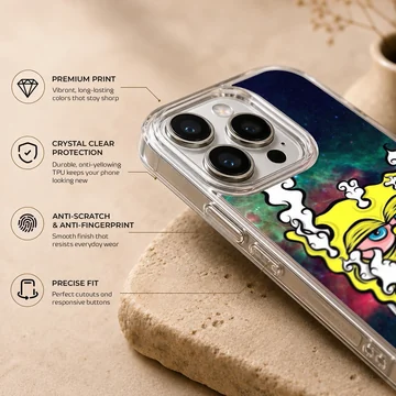 Cartoon weed space sponge phone case with vibrant cosmic background and smoke details — Info