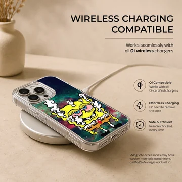 Cartoon weed space sponge phone case with vibrant cosmic background and smoke details — Charging