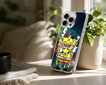 Cartoon weed space sponge phone case with vibrant cosmic background and smoke details — Lifestyle