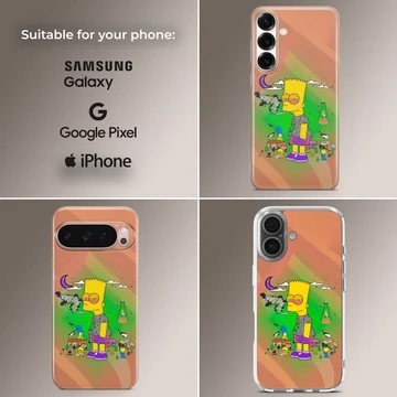 A soft TPU snap case with a vibrant cartoon character design against a psychedelic green and orange gradient background phone case — Collage