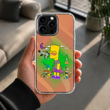A soft TPU snap case with a vibrant cartoon character design against a psychedelic green and orange gradient background phone case — Lifestyle