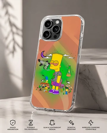 A soft TPU snap case with a vibrant cartoon character design against a psychedelic green and orange gradient background phone case — Specs