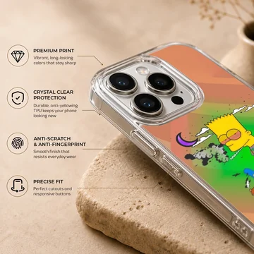 A soft TPU snap case with a vibrant cartoon character design against a psychedelic green and orange gradient background phone case — Info