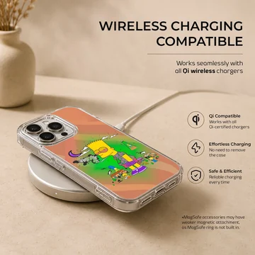 A soft TPU snap case with a vibrant cartoon character design against a psychedelic green and orange gradient background phone case — Charging