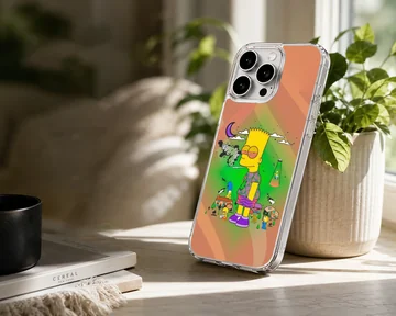 A soft TPU snap case with a vibrant cartoon character design against a psychedelic green and orange gradient background phone case — Lifestyle