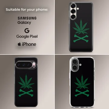 A black snap phone case featuring a green cartoon weed leaf above crossed bones phone case — Collage