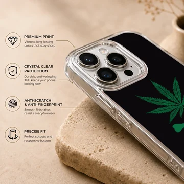 A black snap phone case featuring a green cartoon weed leaf above crossed bones phone case — Info