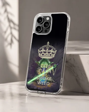 Cartoon weed sci-fi character holding a glowing green lightsaber phone case — Hero